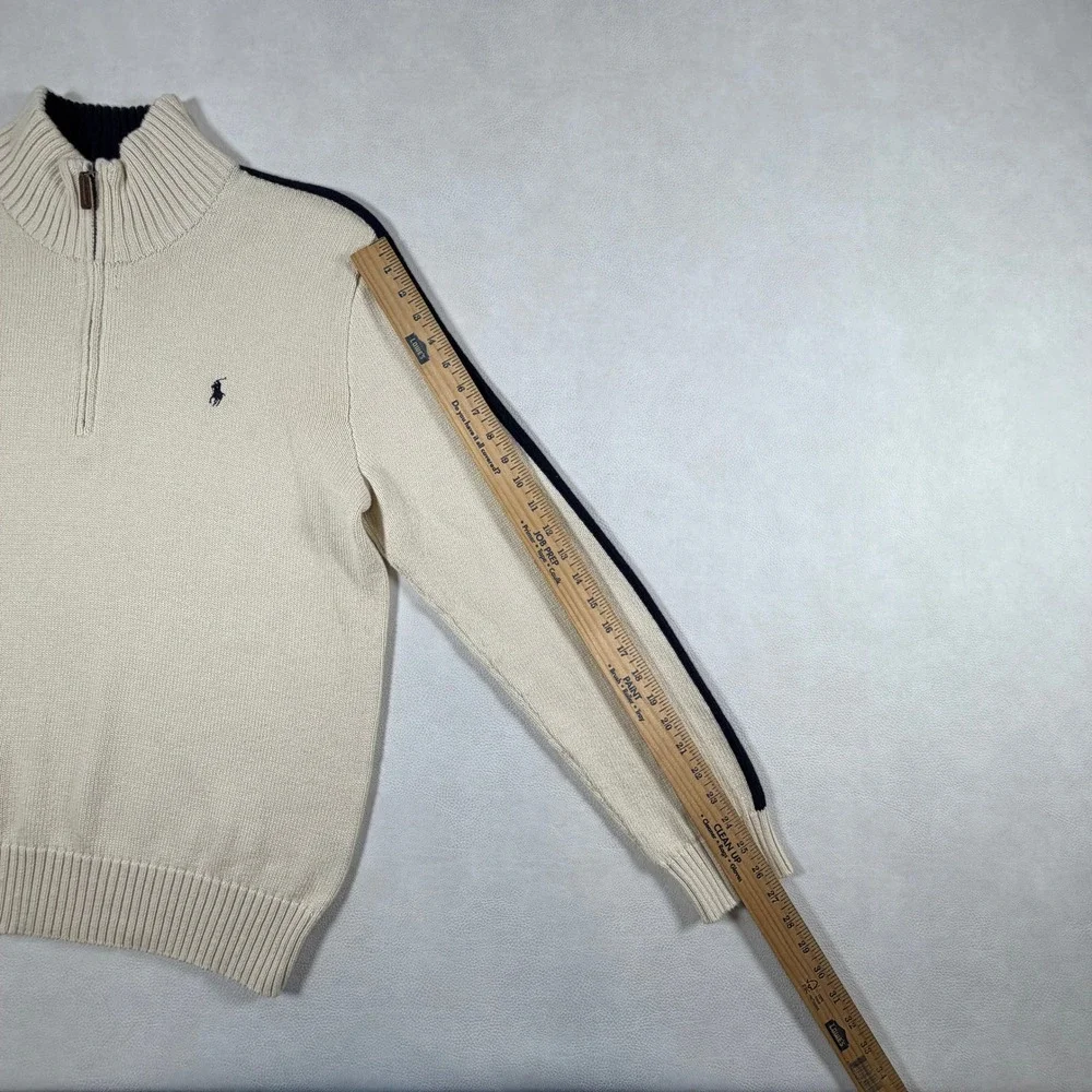 VTG Polo Ralph Lauren Navy Stripe Quarter Zip Pullover Mens Large Cream Sweater